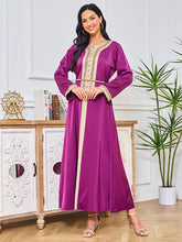 Turkish Abaya Chic Solid Long Dress Diamonds Tape Trim Full Sleeve O-Neck Sashes Muslim Casual Elegant Women Clothing Purple Dress